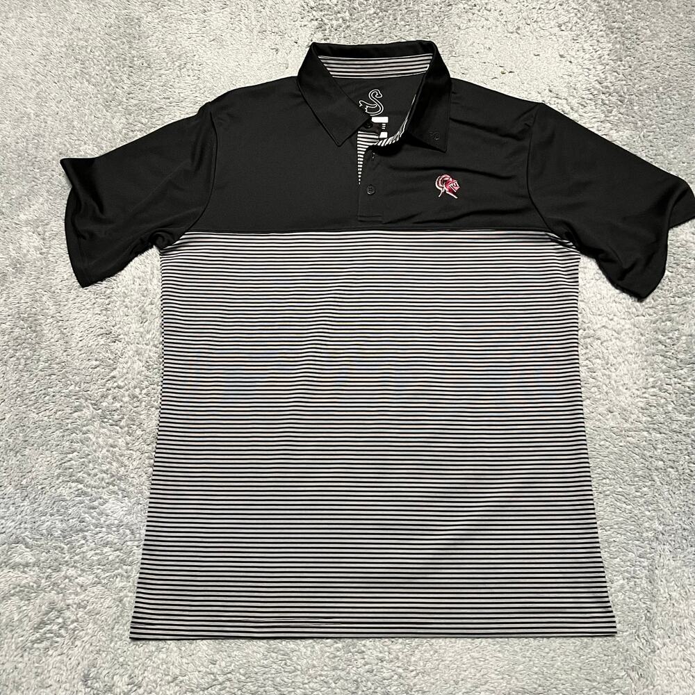 Swannies Polo Shirt Mens Medium Black Gray Striped Performance Golf